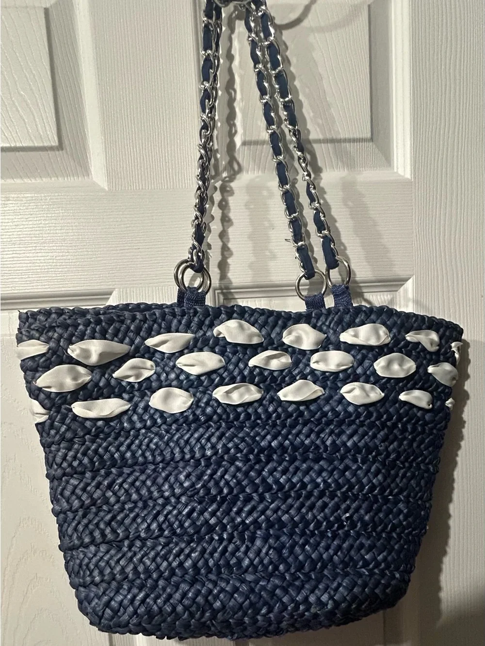 Woven Navy Straw Tote with White Ribbon Accent